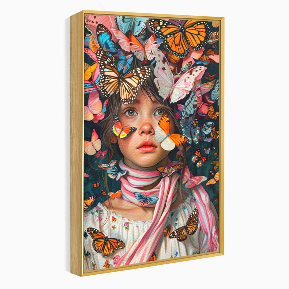 Tablou canvas cu tablou canvas cu fata si fluturi colorati, in rama de aluminiu auriu